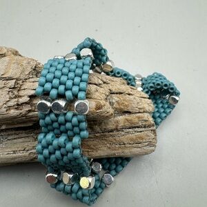 Turquoise Beaded Stretch Bracelet with Silver Accents